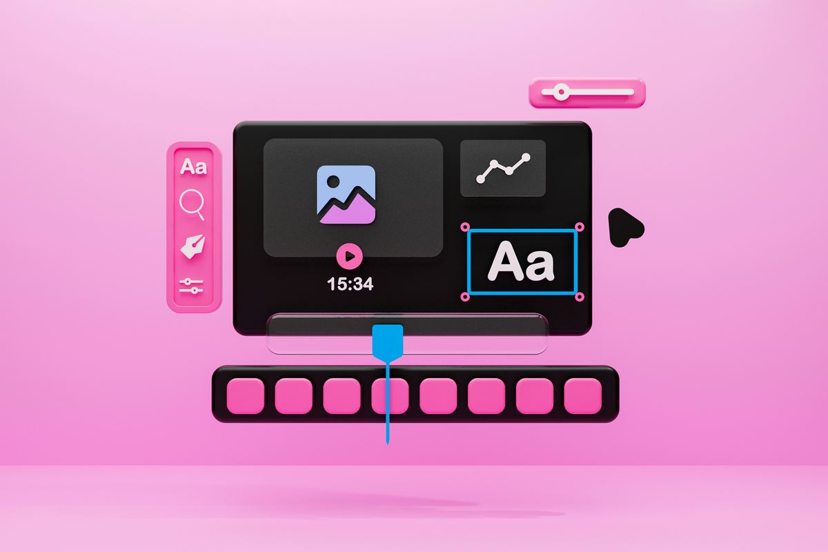 A 3D video editing interface with a timeline on a pink background