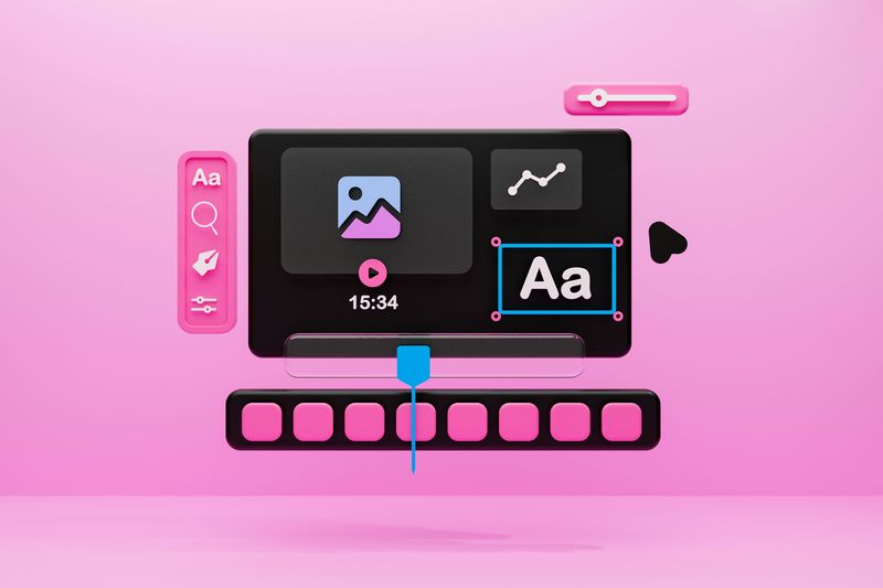 A 3D video editing interface with a timeline on a pink background